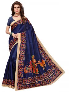 Kalamkaari 8 Navy Khadi Silk Printed Kalamkaari Sarees With Blouse