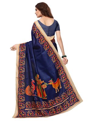 Kalamkaari 8 Navy Khadi Silk Printed Kalamkaari Sarees With Blouse