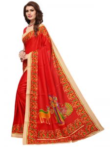 Kalamkaari 8 Red Khadi Silk Printed Kalamkaari Sarees With Blouse