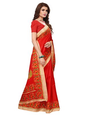 Kalamkaari 8 Red Khadi Silk Printed Kalamkaari Sarees With Blouse