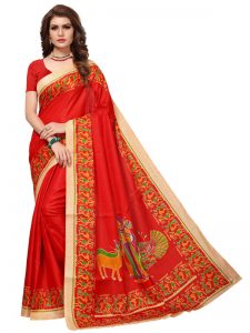 Kalamkaari 8 Red Khadi Silk Printed Kalamkaari Sarees With Blouse