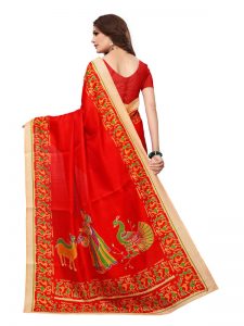 Kalamkaari 8 Red Khadi Silk Printed Kalamkaari Sarees With Blouse