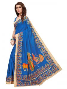 Kalamkaari 8 Sky Blue Khadi Silk Printed Kalamkaari Sarees With Blouse