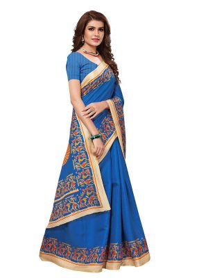 Kalamkaari 8 Sky Blue Khadi Silk Printed Kalamkaari Sarees With Blouse