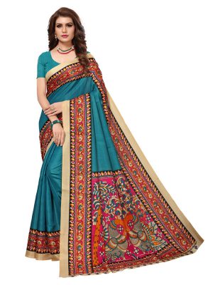 Kalamkaari 9 Rama Khadi Silk Printed Kalamkaari Sarees With Blouse