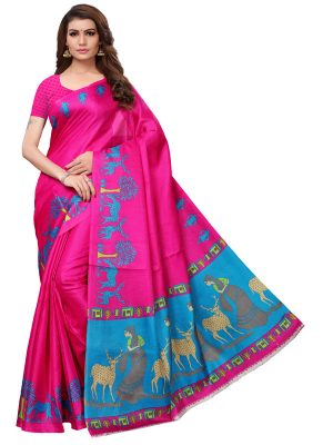 Kalamkari 10 Pink Khadi Silk Printed Kalamkaari Sarees With Blouse