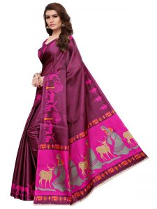 Kalamkari 10 Wine Khadi Silk Printed Kalamkaari Sarees With Blouse