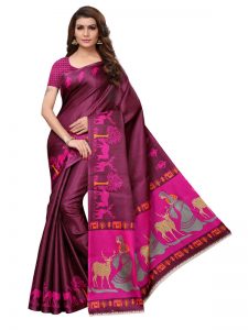 Kalamkari 10 Wine Khadi Silk Printed Kalamkaari Sarees With Blouse