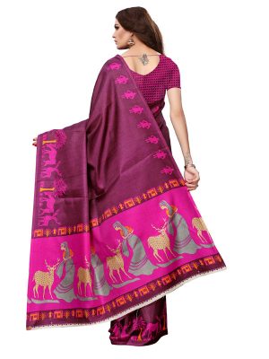 Kalamkari 10 Wine Khadi Silk Printed Kalamkaari Sarees With Blouse