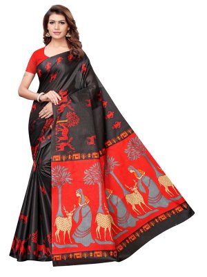 Kalamkari 12 Black Khadi Silk Printed Kalamkaari Sarees With Blouse