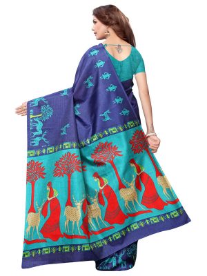 Kalamkari 12 Navy Khadi Silk Printed Kalamkaari Sarees With Blouse