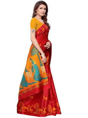 Kalamkari 12 Red Khadi Silk Printed Kalamkaari Sarees With Blouse