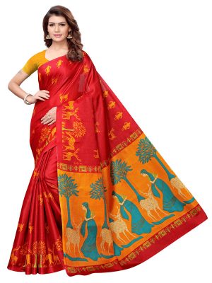 Kalamkari 12 Red Khadi Silk Printed Kalamkaari Sarees With Blouse