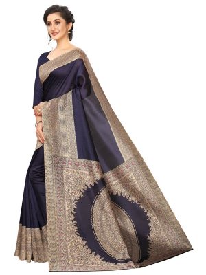 Kalamkari 13 Navy Khadi Silk Printed Kalamkaari Sarees With Blouse