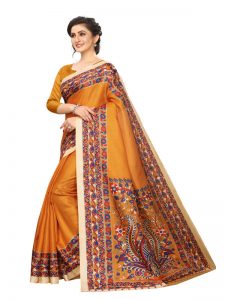 Kalamkari 14 Mustard Khadi Silk Printed Kalamkaari Sarees With Blouse