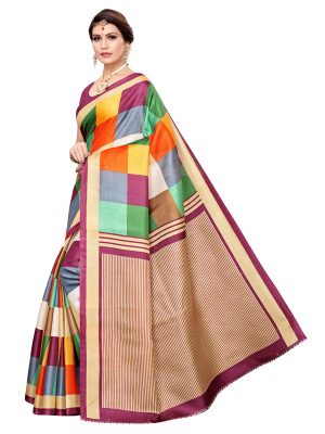 Madras Checks Wine Khadi Silk Printed Kalamkaari Sarees With Blouse