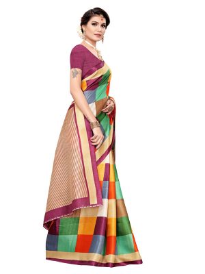 Madras Checks Wine Khadi Silk Printed Kalamkaari Sarees With Blouse