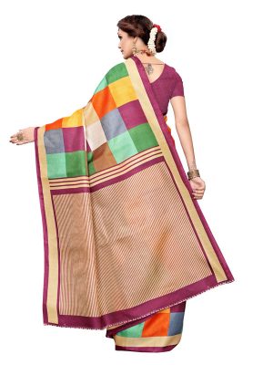 Madras Checks Wine Khadi Silk Printed Kalamkaari Sarees With Blouse