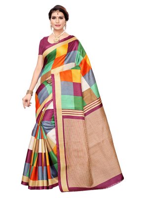 Madras Checks Wine Khadi Silk Printed Kalamkaari Sarees With Blouse