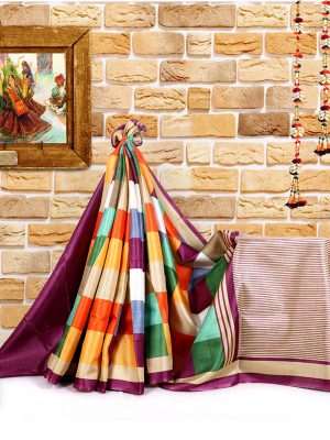 Madras Checks Wine Khadi Silk Printed Kalamkaari Sarees With Blouse