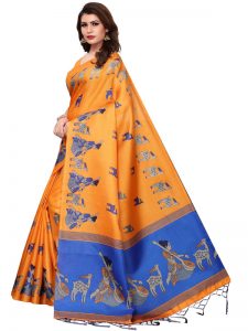 Maithali Orange Khadi Silk Printed Kalamkaari Sarees With Blouse