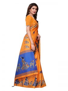 Maithali Orange Khadi Silk Printed Kalamkaari Sarees With Blouse