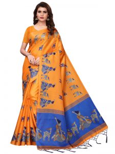 Maithali Orange Khadi Silk Printed Kalamkaari Sarees With Blouse