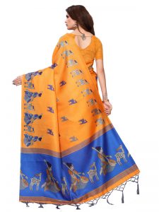 Maithali Orange Khadi Silk Printed Kalamkaari Sarees With Blouse