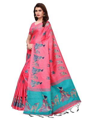 Maithali Pink Khadi Silk Printed Kalamkaari Sarees With Blouse