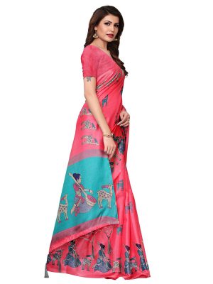 Maithali Pink Khadi Silk Printed Kalamkaari Sarees With Blouse