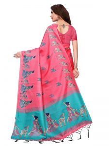 Maithali Pink Khadi Silk Printed Kalamkaari Sarees With Blouse