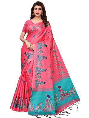 Maithali Pink Khadi Silk Printed Kalamkaari Sarees With Blouse