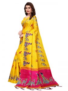 Maithali Yellow Khadi Silk Printed Kalamkaari Sarees With Blouse