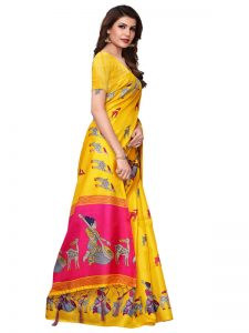 Maithali Yellow Khadi Silk Printed Kalamkaari Sarees With Blouse