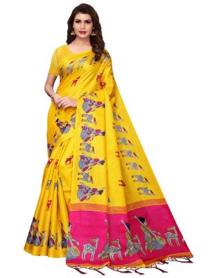 Maithali Yellow Khadi Silk Printed Kalamkaari Sarees With Blouse