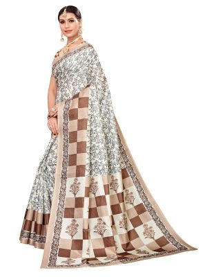 Maruti Coffee Khadi Silk Printed Kalamkaari Sarees With Blouse