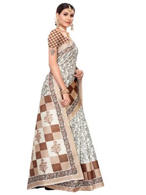 Maruti Coffee Khadi Silk Printed Kalamkaari Sarees With Blouse