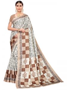 Maruti Coffee Khadi Silk Printed Kalamkaari Sarees With Blouse