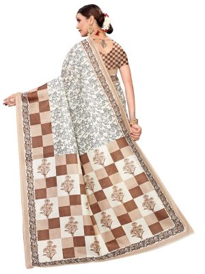 Maruti Coffee Khadi Silk Printed Kalamkaari Sarees With Blouse