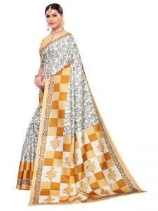 Maruti Mustard Khadi Silk Printed Kalamkaari Sarees With Blouse