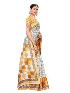 Maruti Mustard Khadi Silk Printed Kalamkaari Sarees With Blouse