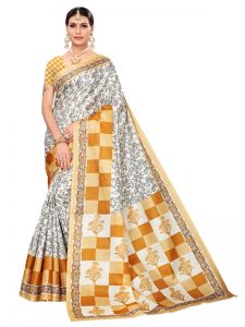 Maruti Mustard Khadi Silk Printed Kalamkaari Sarees With Blouse