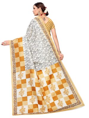 Maruti Mustard Khadi Silk Printed Kalamkaari Sarees With Blouse