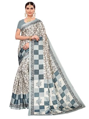 Maruti Pista Khadi Silk Printed Kalamkaari Sarees With Blouse