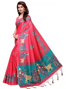 Matki Pink Khadi Silk Printed Kalamkaari Sarees With Blouse