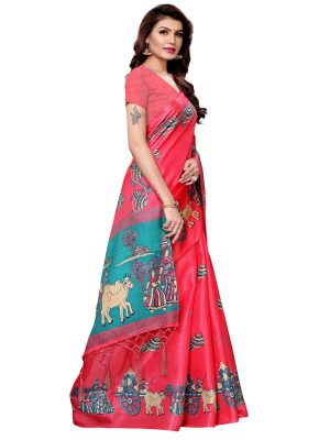Matki Pink Khadi Silk Printed Kalamkaari Sarees With Blouse