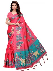 Matki Pink Khadi Silk Printed Kalamkaari Sarees With Blouse