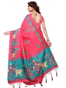 Matki Pink Khadi Silk Printed Kalamkaari Sarees With Blouse