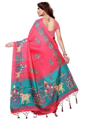 Matki Pink Khadi Silk Printed Kalamkaari Sarees With Blouse