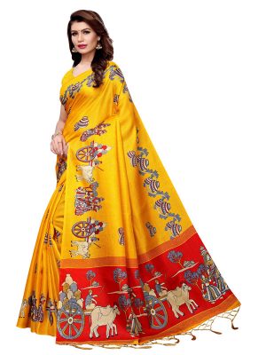 Matki Yellow Khadi Silk Printed Kalamkaari Sarees With Blouse